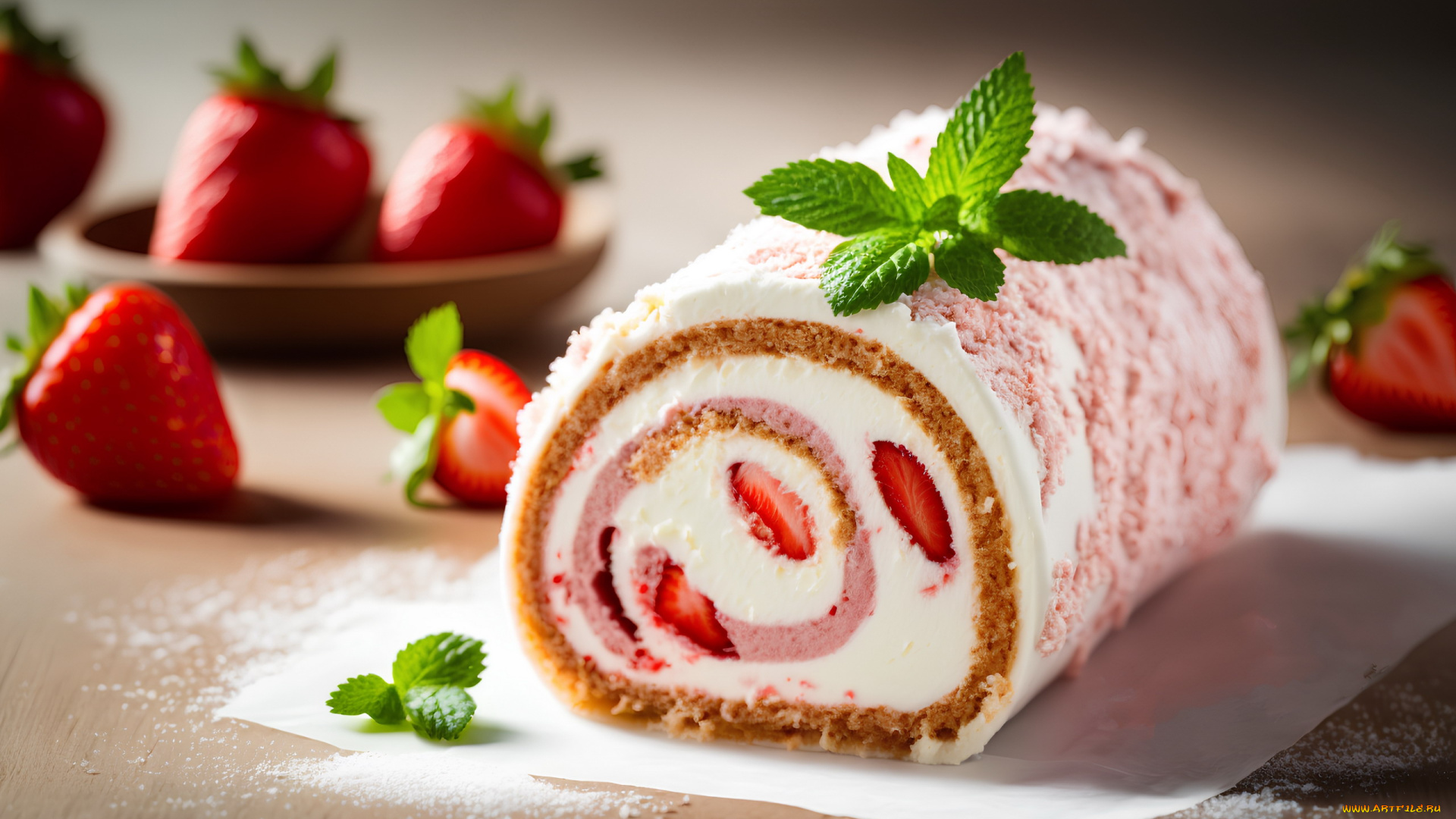 еда, пирожные, , кексы, , печенье, мята, клубника, бисквитный, рулет