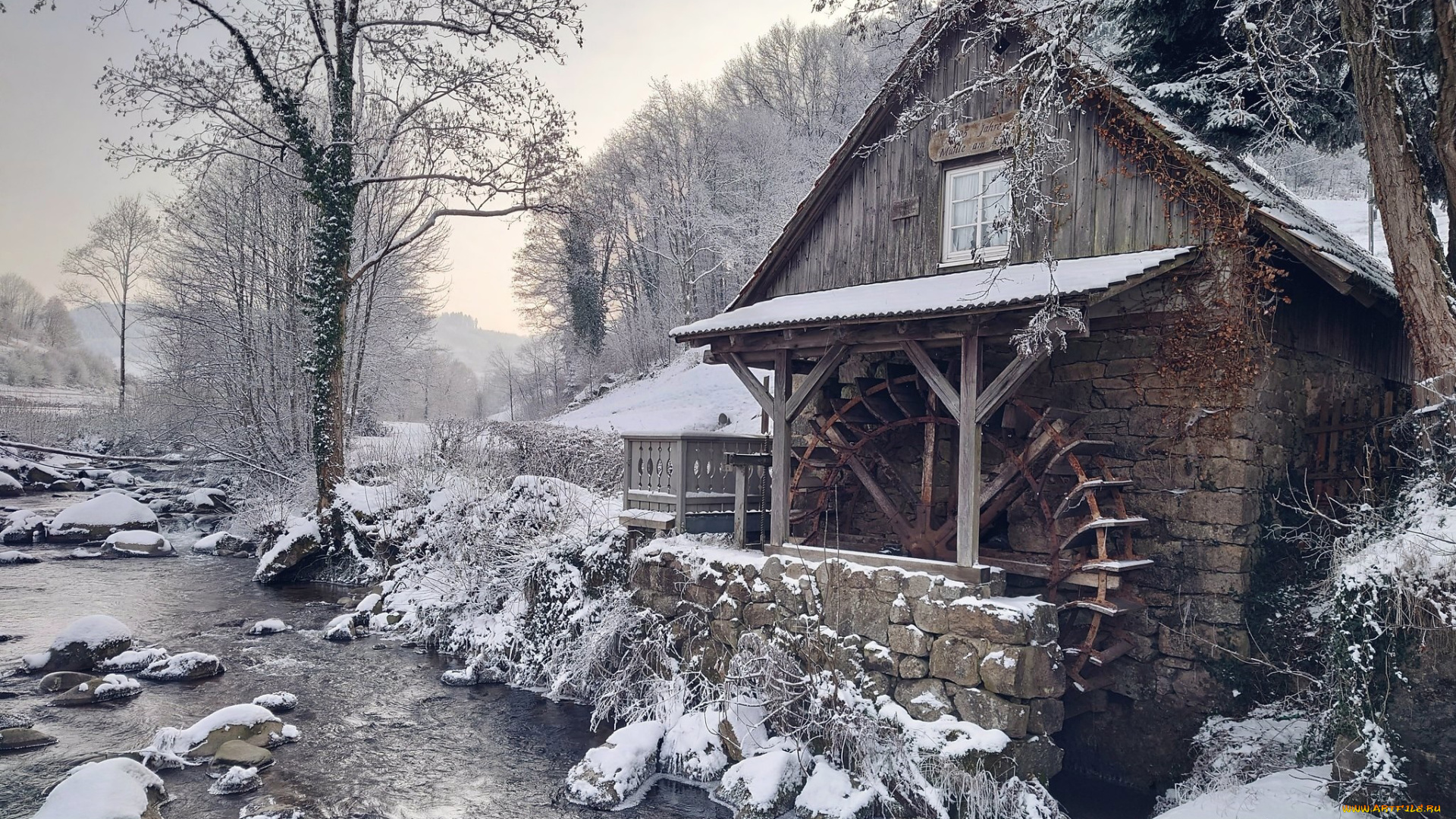 разное, мельницы, река, зима, мельница, снег
