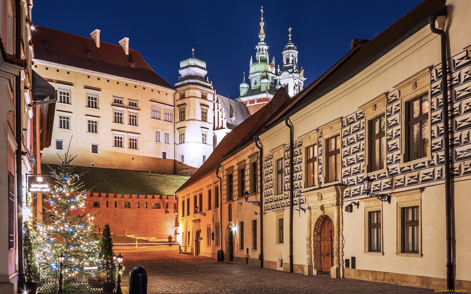 города, краков, , польша, улица, здания, елка