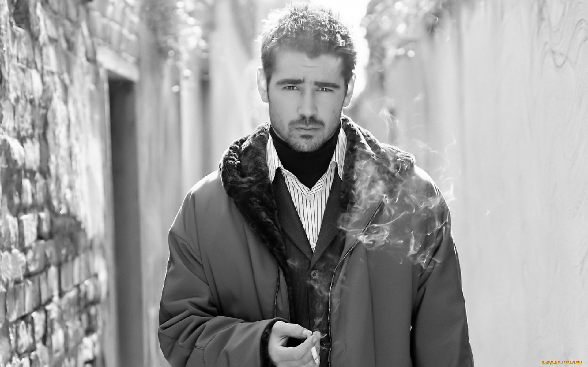 мужчины, colin, farrell, актер, пальто, сигарета, дым, улица