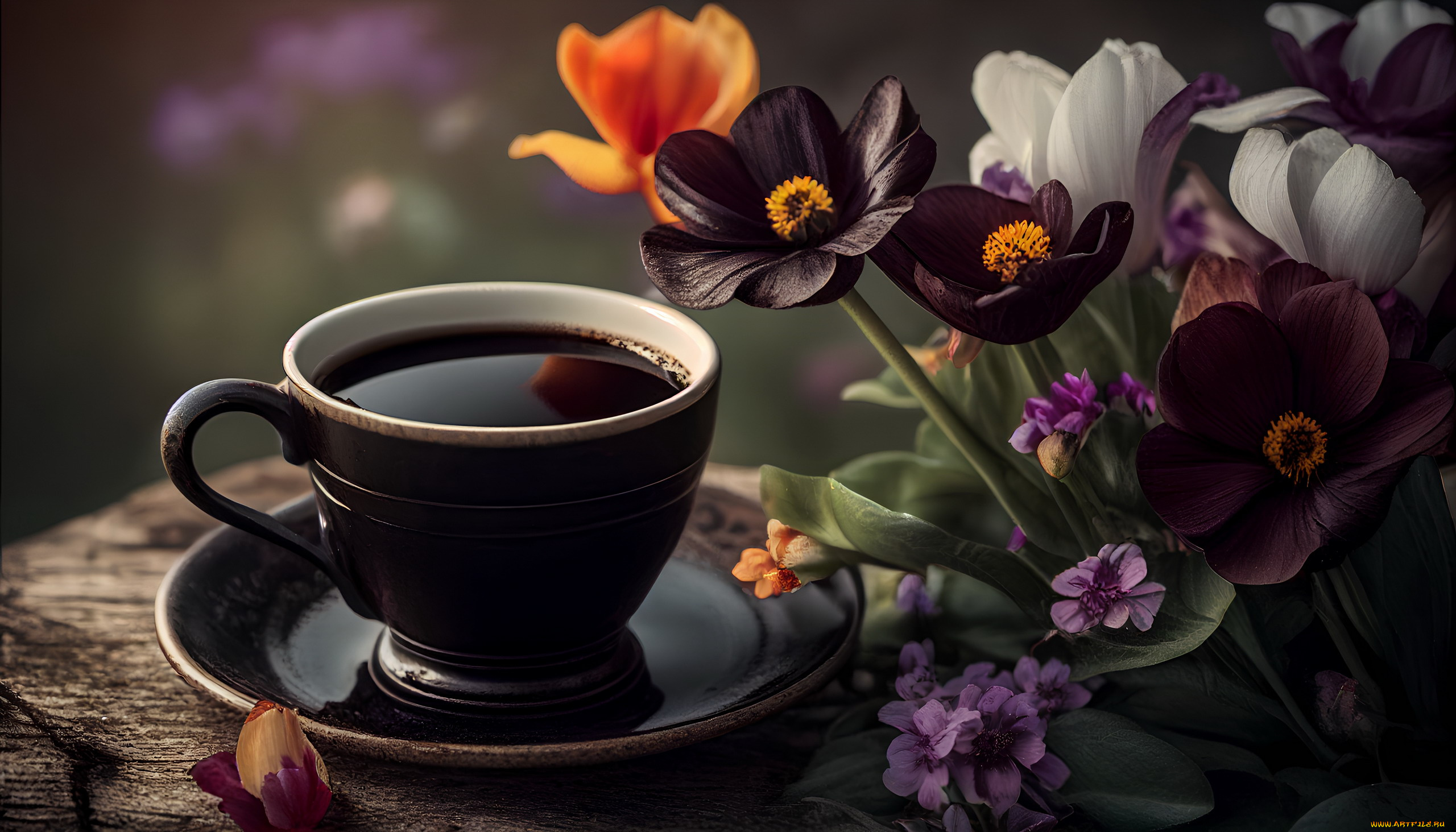 еда, кофе, , кофейные, зёрна, цветы, чашка, блюдце