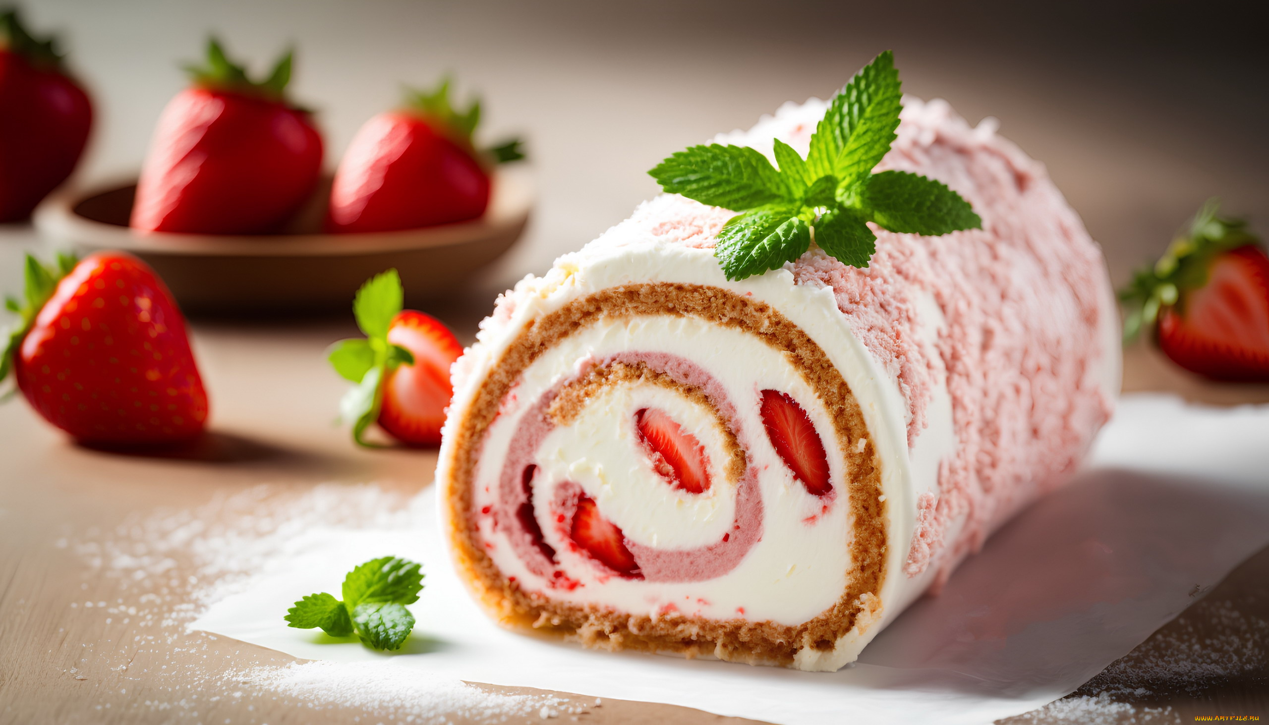 еда, пирожные, , кексы, , печенье, мята, клубника, бисквитный, рулет