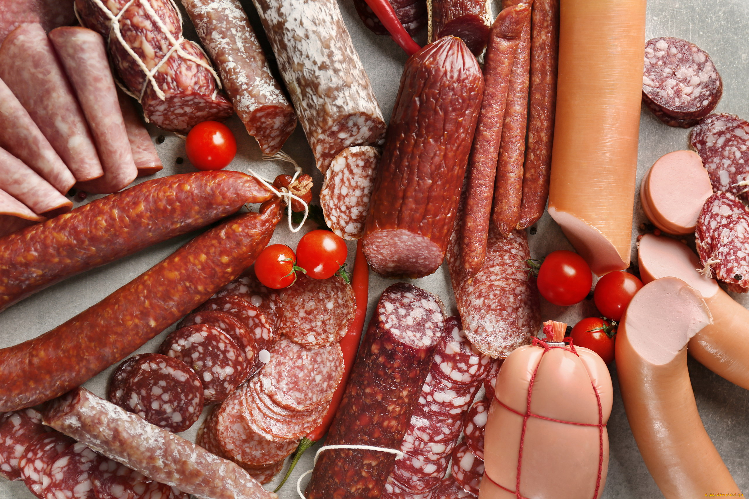 еда, колбасные, изделия, помидоры, черри, колбаса, копченая, вареная, ассорти