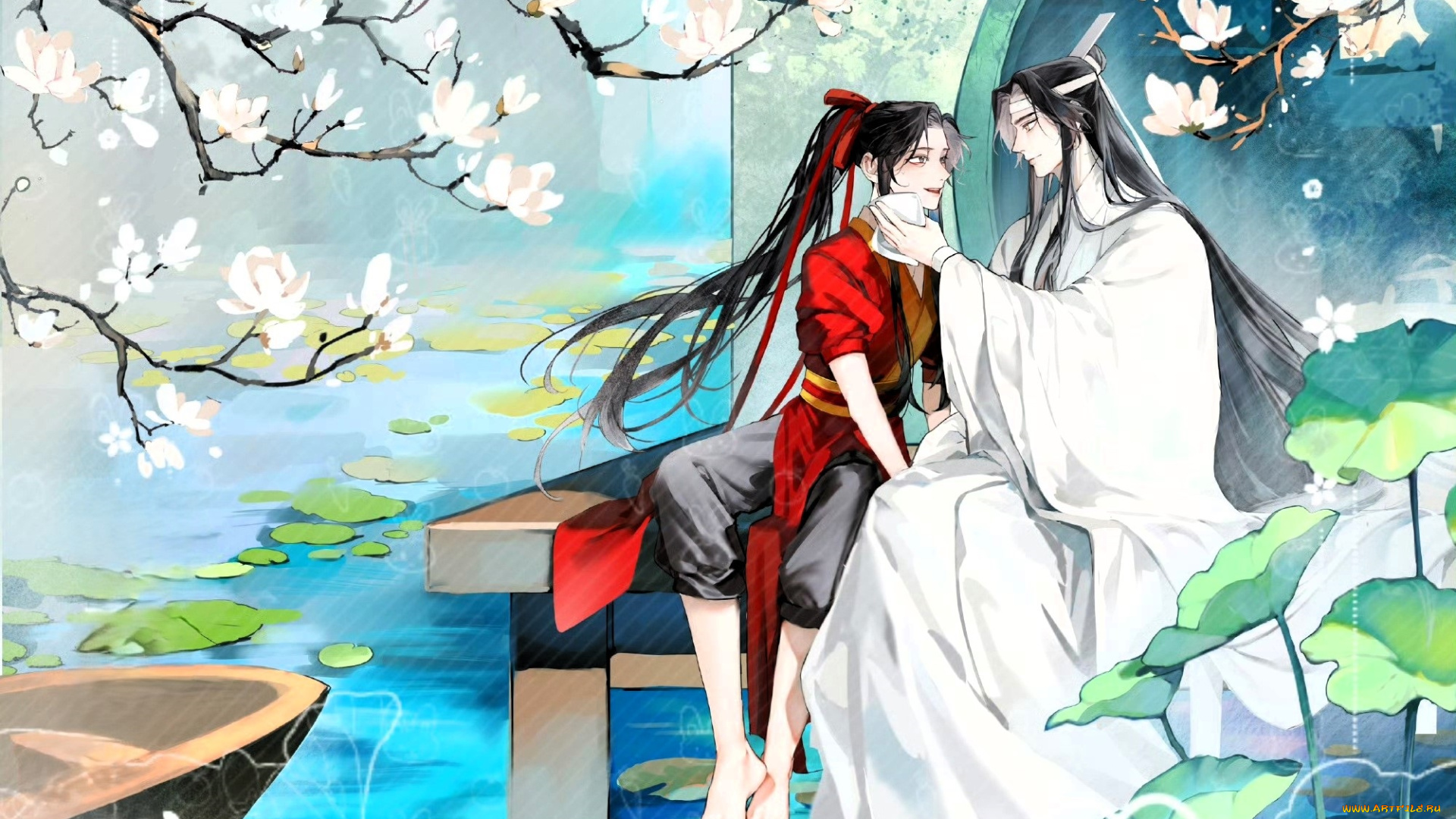 аниме, mo, dao, zu, shi, вэй, усянь, лань, ванцзы, озеро, пристань, магнолии, лотосы, лодка