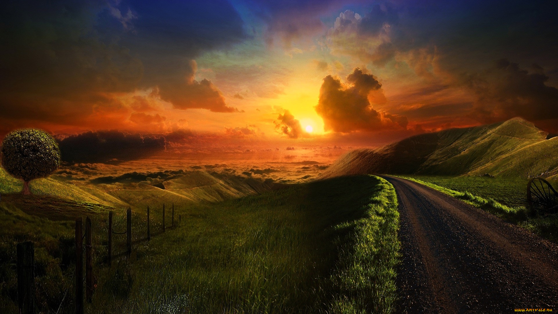 разное, компьютерный, дизайн, закат, облака, дорога, деревья, холмы, трава, забор