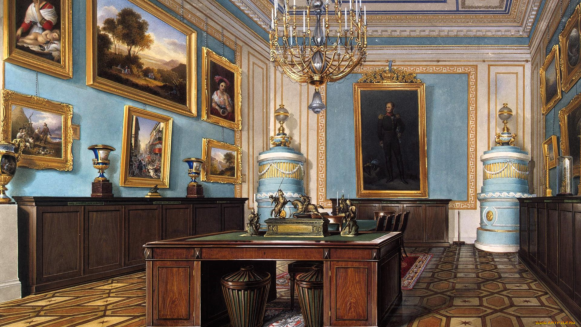 рисованное, эдуард, гау, дворец, интерьер, каблинет, лепнина, люстра, стол, стулья, картины