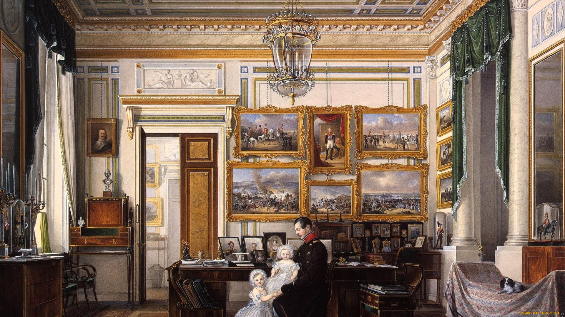 рисованное, эдуард, гау, дворец, интерьер, кабинет, стол, дети, мужчина, картина, собака