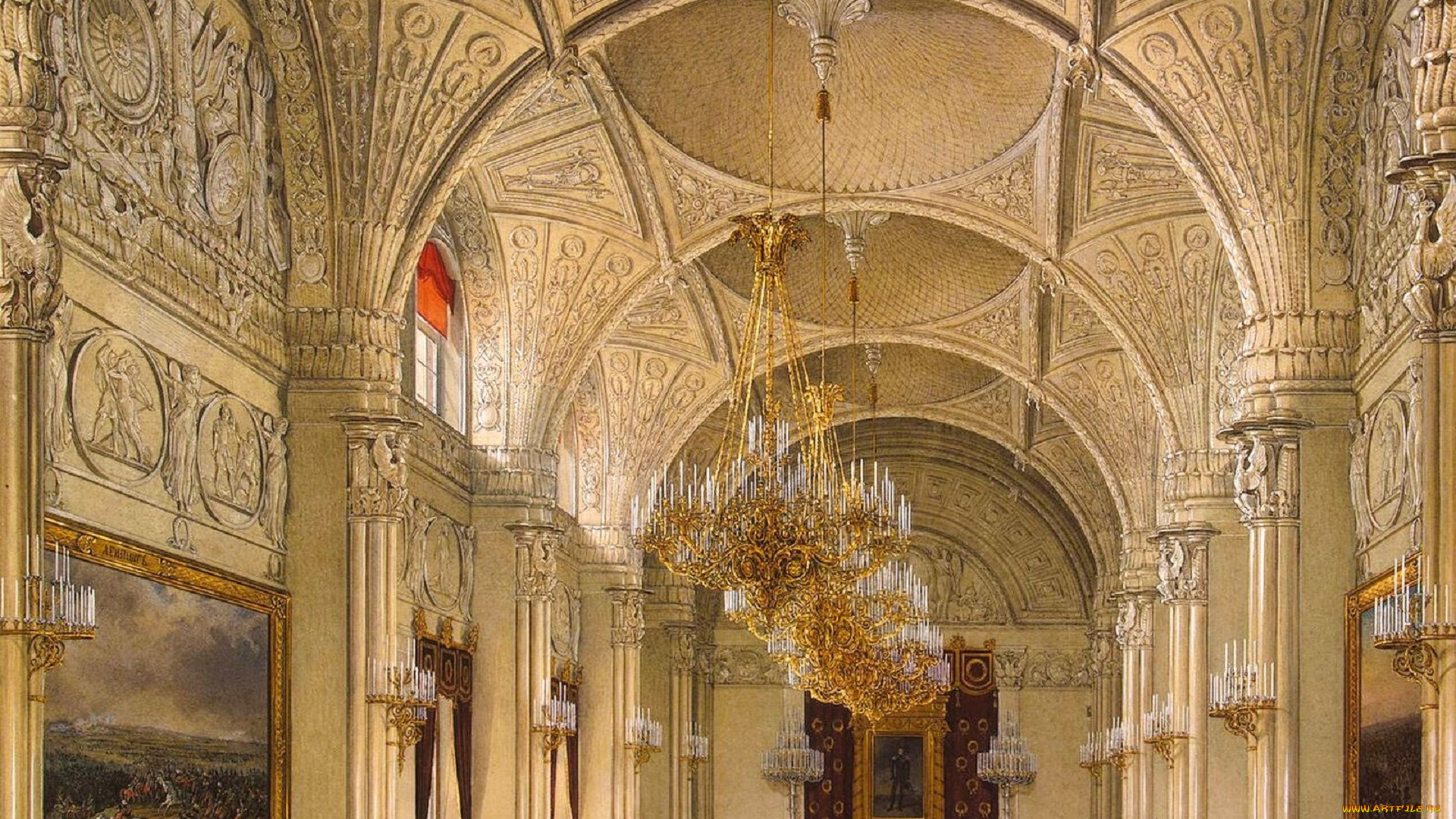 рисованное, эдуард, гау, дворец, интерьер, зал, лепнина, свод, люстры, колонны, картины