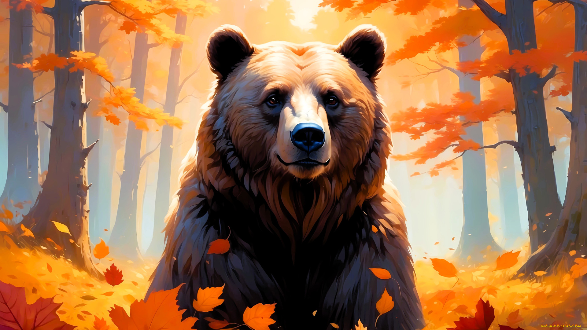 рисованное, животные, , медведи, осень, лес, деревья, медведь