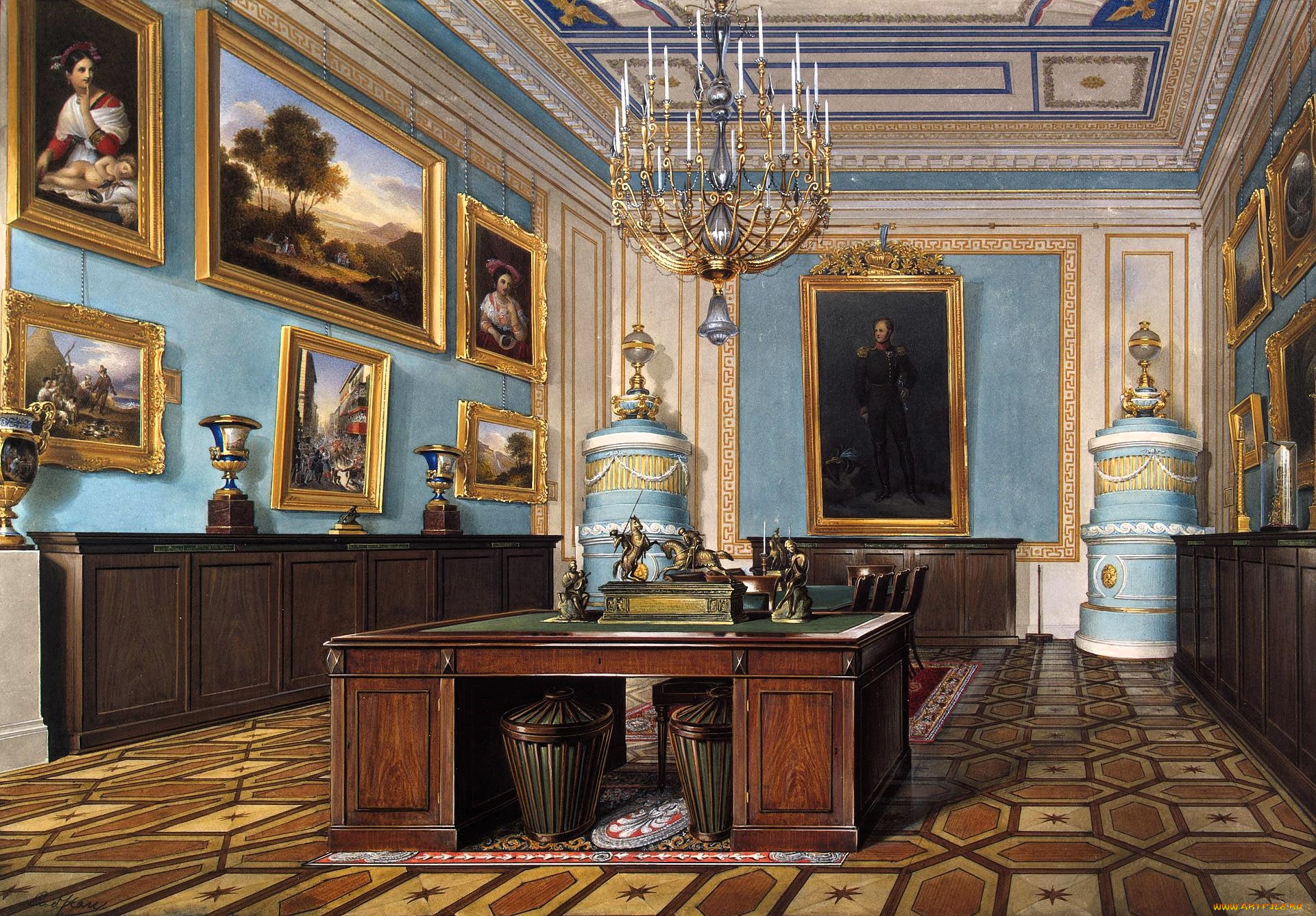 рисованное, эдуард, гау, дворец, интерьер, каблинет, лепнина, люстра, стол, стулья, картины
