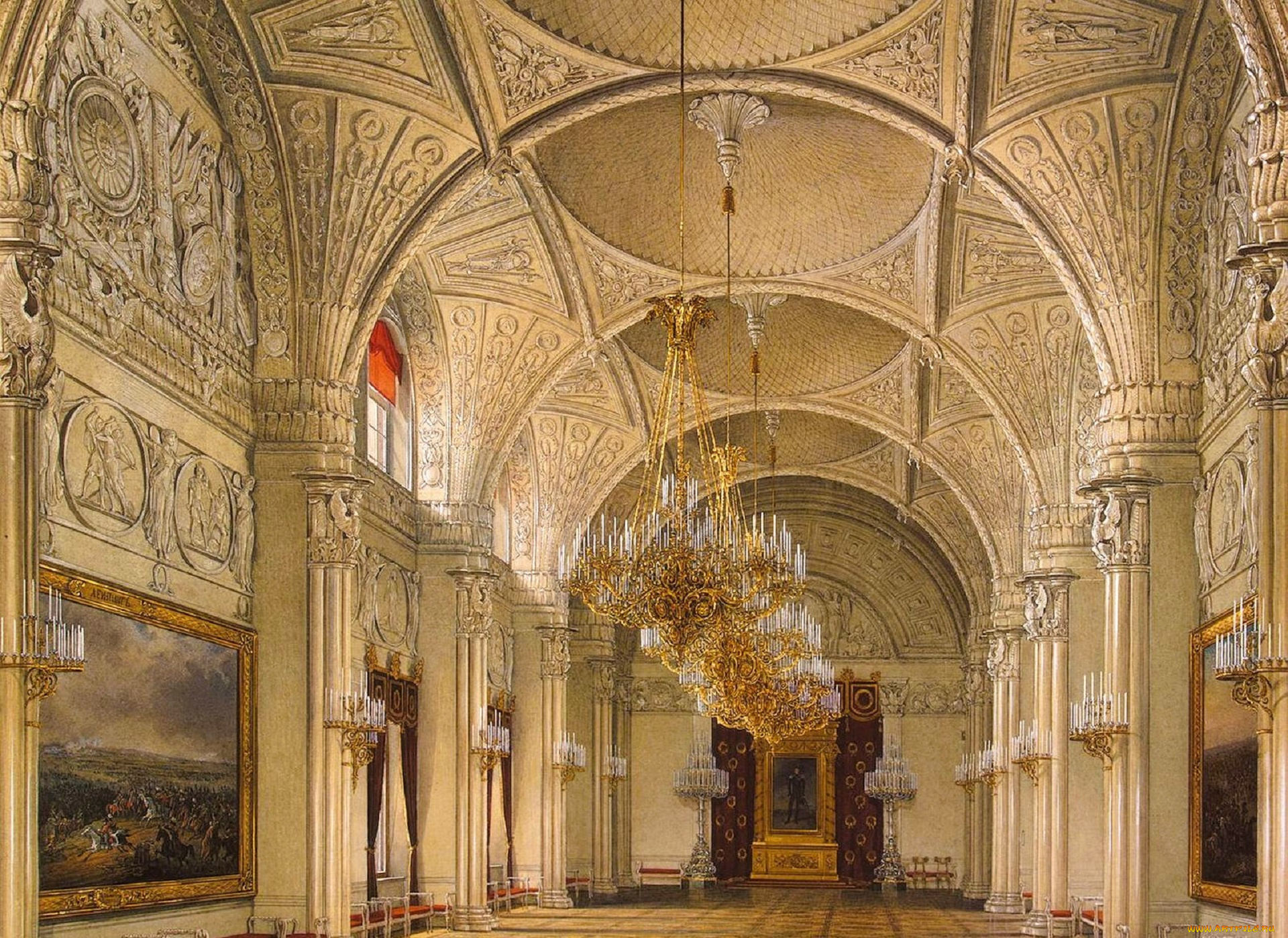 рисованное, эдуард, гау, дворец, интерьер, зал, лепнина, свод, люстры, колонны, картины