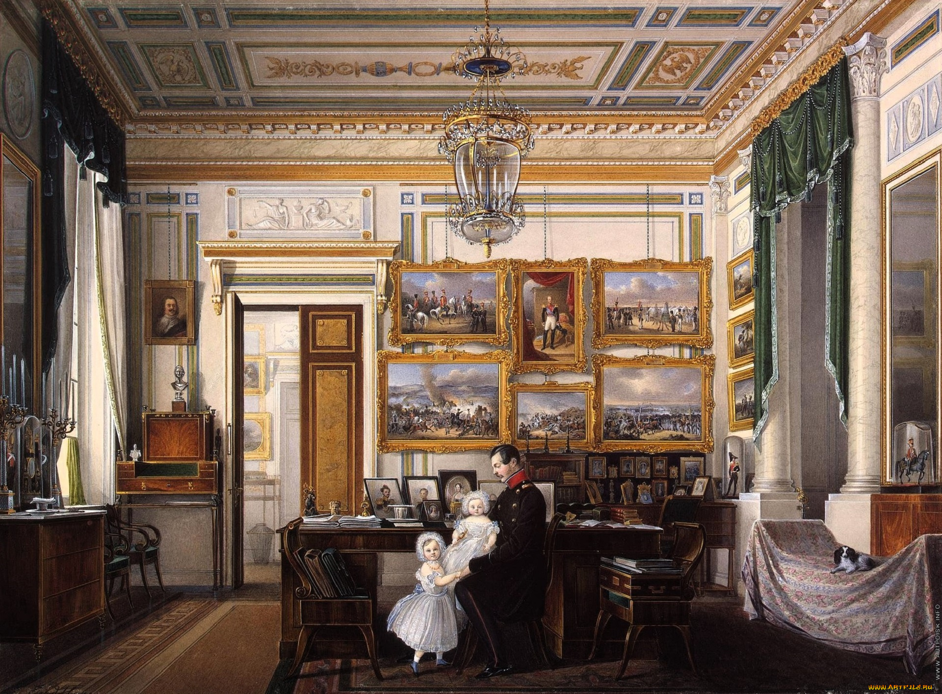 рисованное, эдуард, гау, дворец, интерьер, кабинет, стол, дети, мужчина, картина, собака