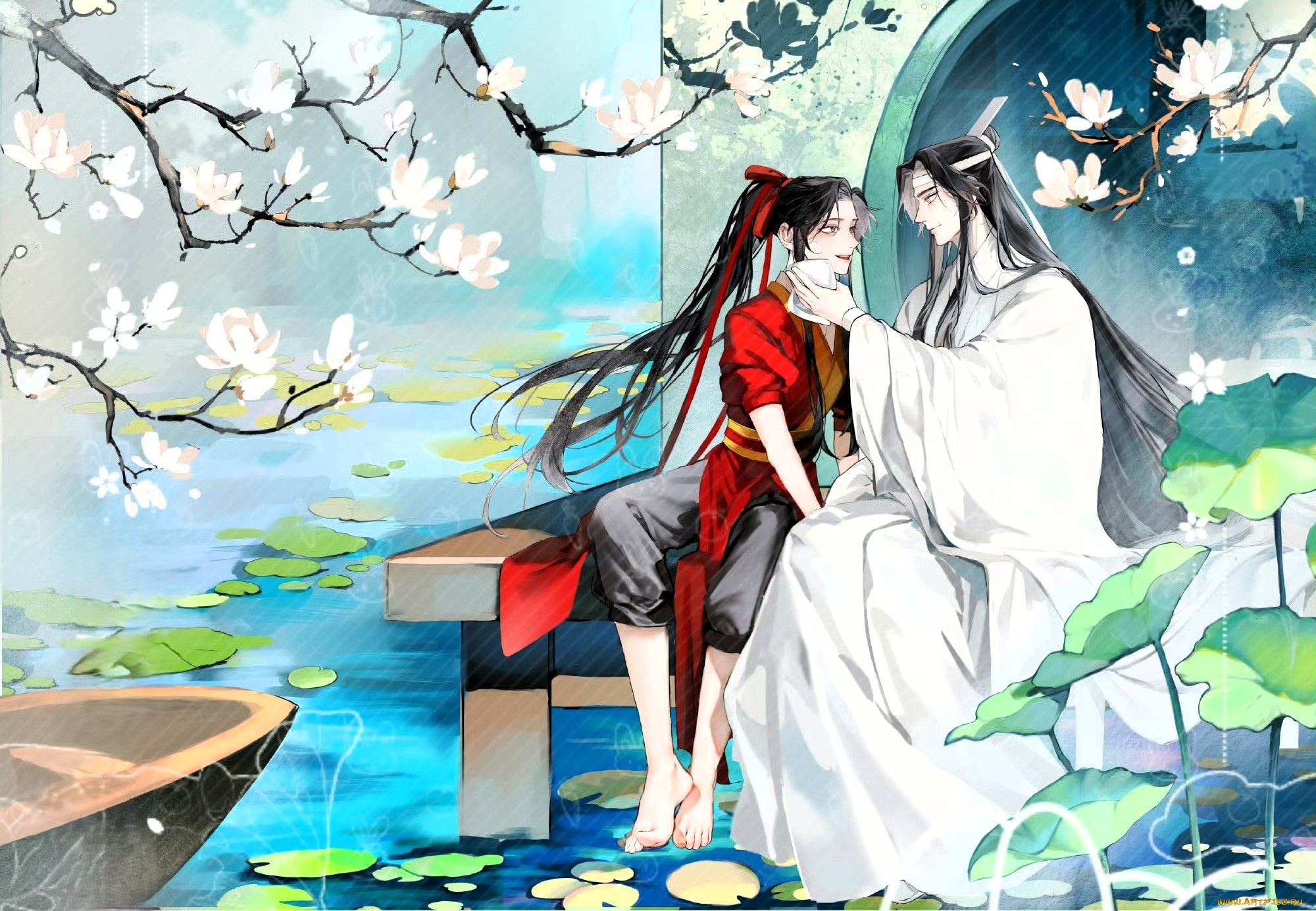 аниме, mo, dao, zu, shi, вэй, усянь, лань, ванцзы, озеро, пристань, магнолии, лотосы, лодка