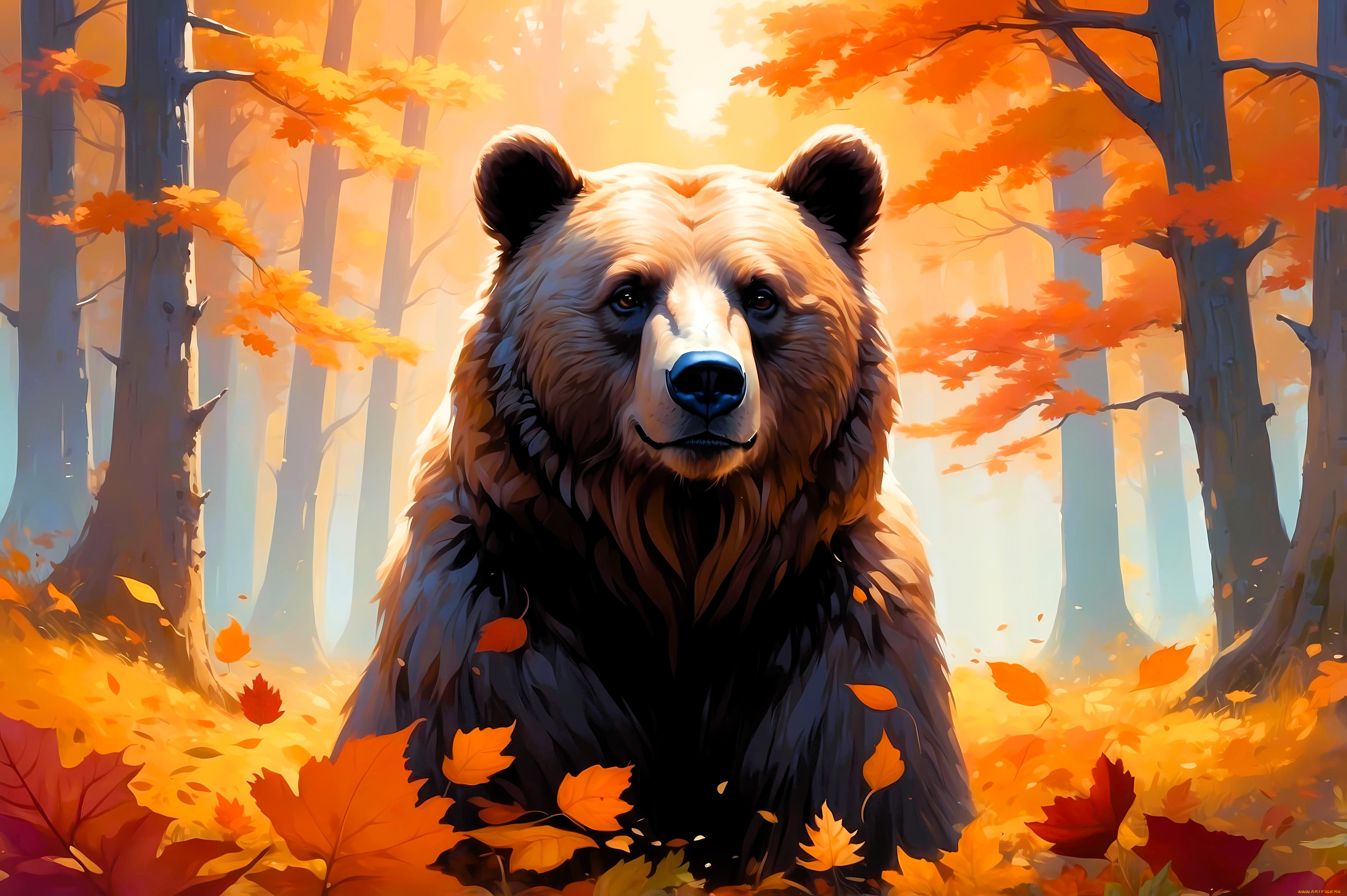 рисованное, животные, , медведи, осень, лес, деревья, медведь