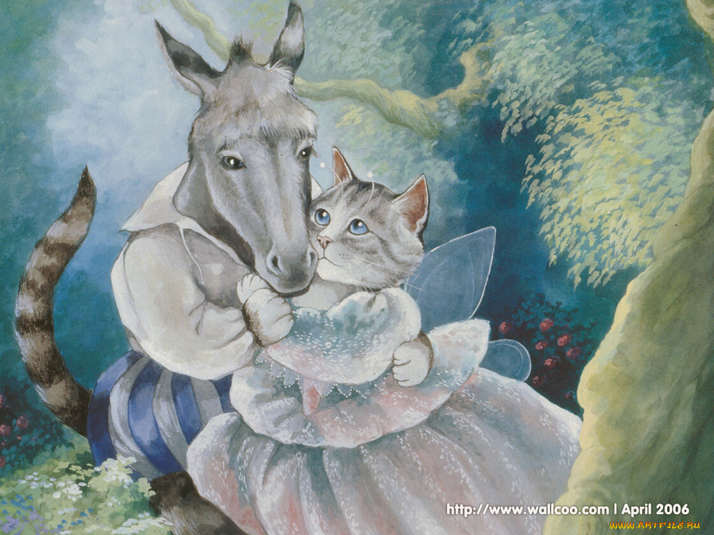 рисованные, животные, сказочные, мифические, осел, кошка