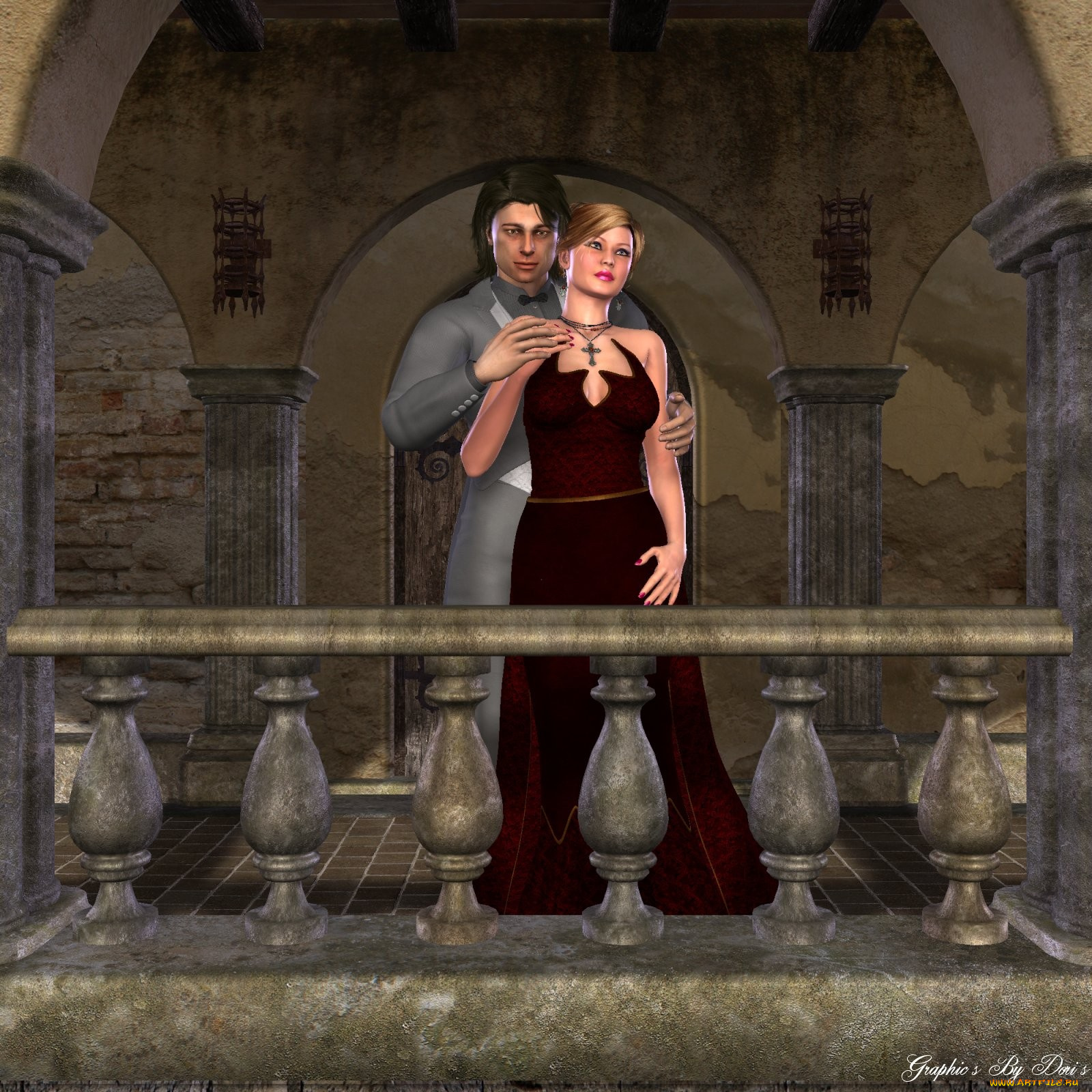 3д, графика, people, люди, балкон, мужчина, женщина