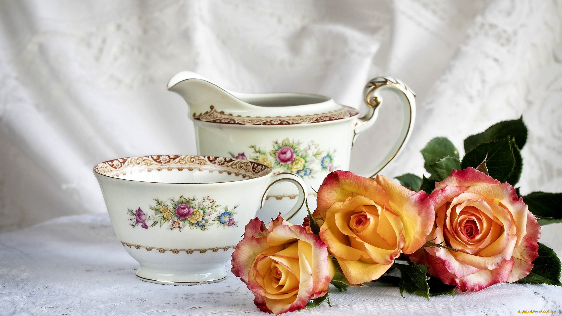 цветы, розы, чашка, скатерть, фарфор, оранжевый