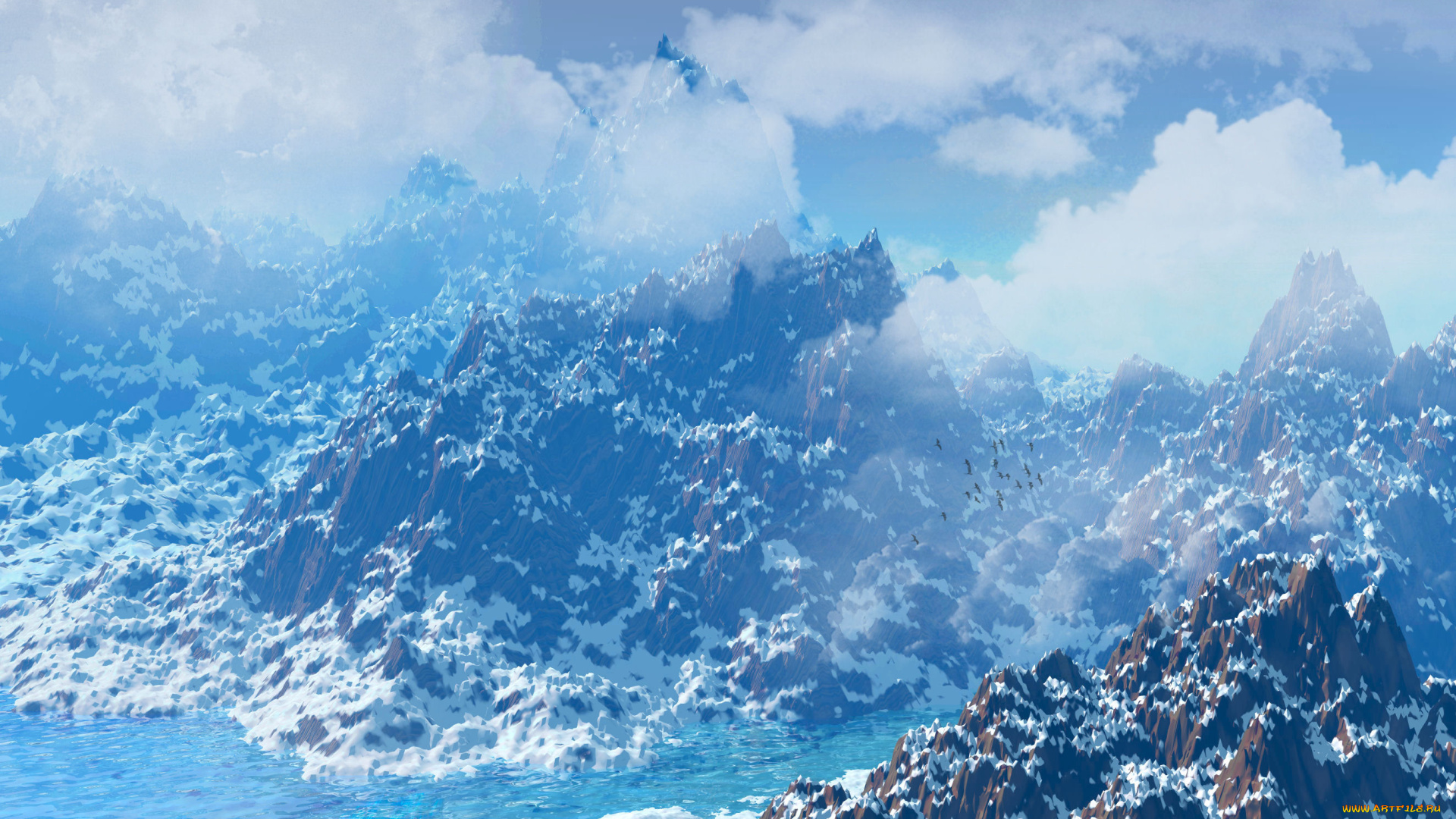 3д, графика, nature, landscape, природа, облака, снег, горы