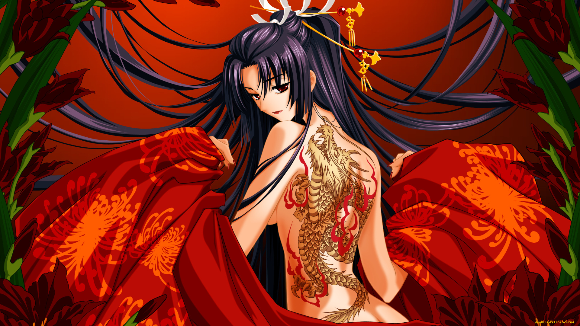 аниме, *unknown, другое, татуировка, спицы, девушка, кимоно, цветы, дракон