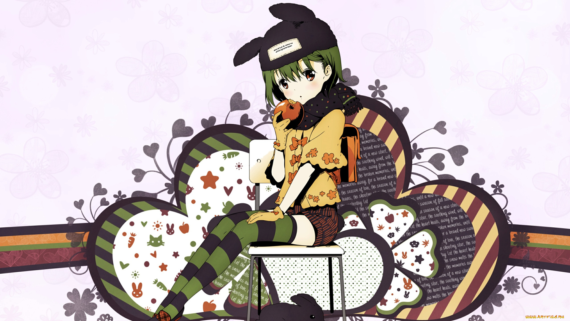 tiv, mangaka, аниме, *unknown, другое, девушка, шапка, яблоко, кролик