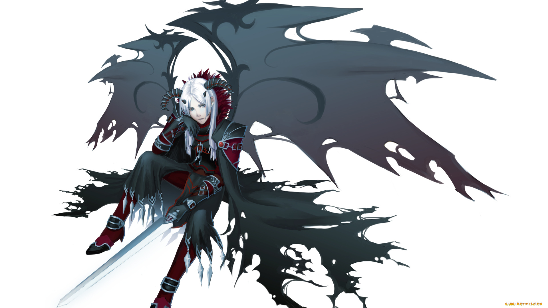 аниме, -angels, &, demons, цепи, меч, парень, рога, демон, крылья