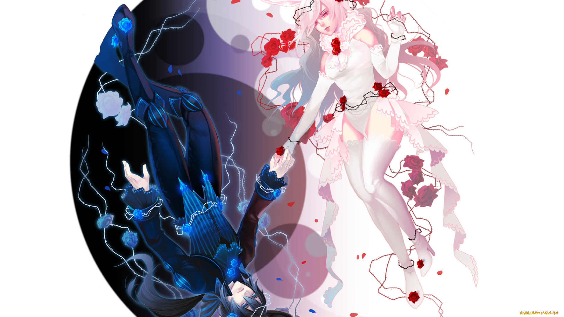 аниме, -animals, &, creatures, янь, уши, розы, инь, двое, девушка, парень