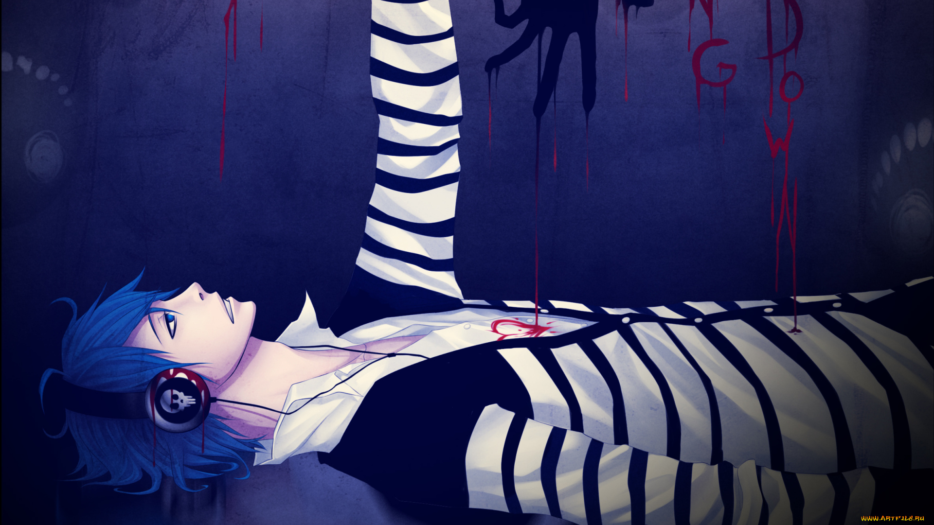 аниме, -headphones, &, instrumental, naimane, сердце, череп, кровь, наушники, парень