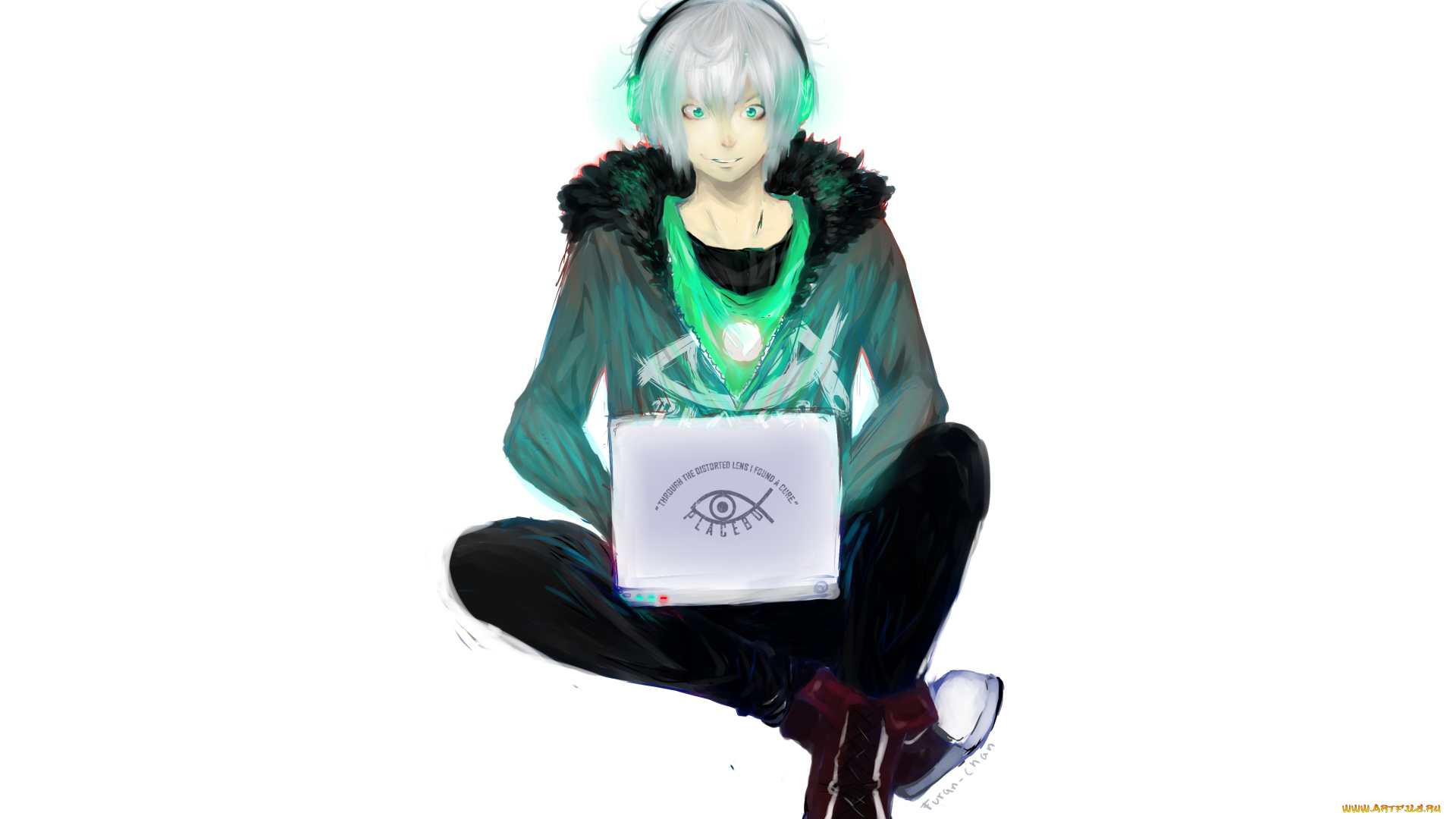 аниме, -headphones, &, instrumental, ноутбук, парень, арт, наушники, fisheye, placebo