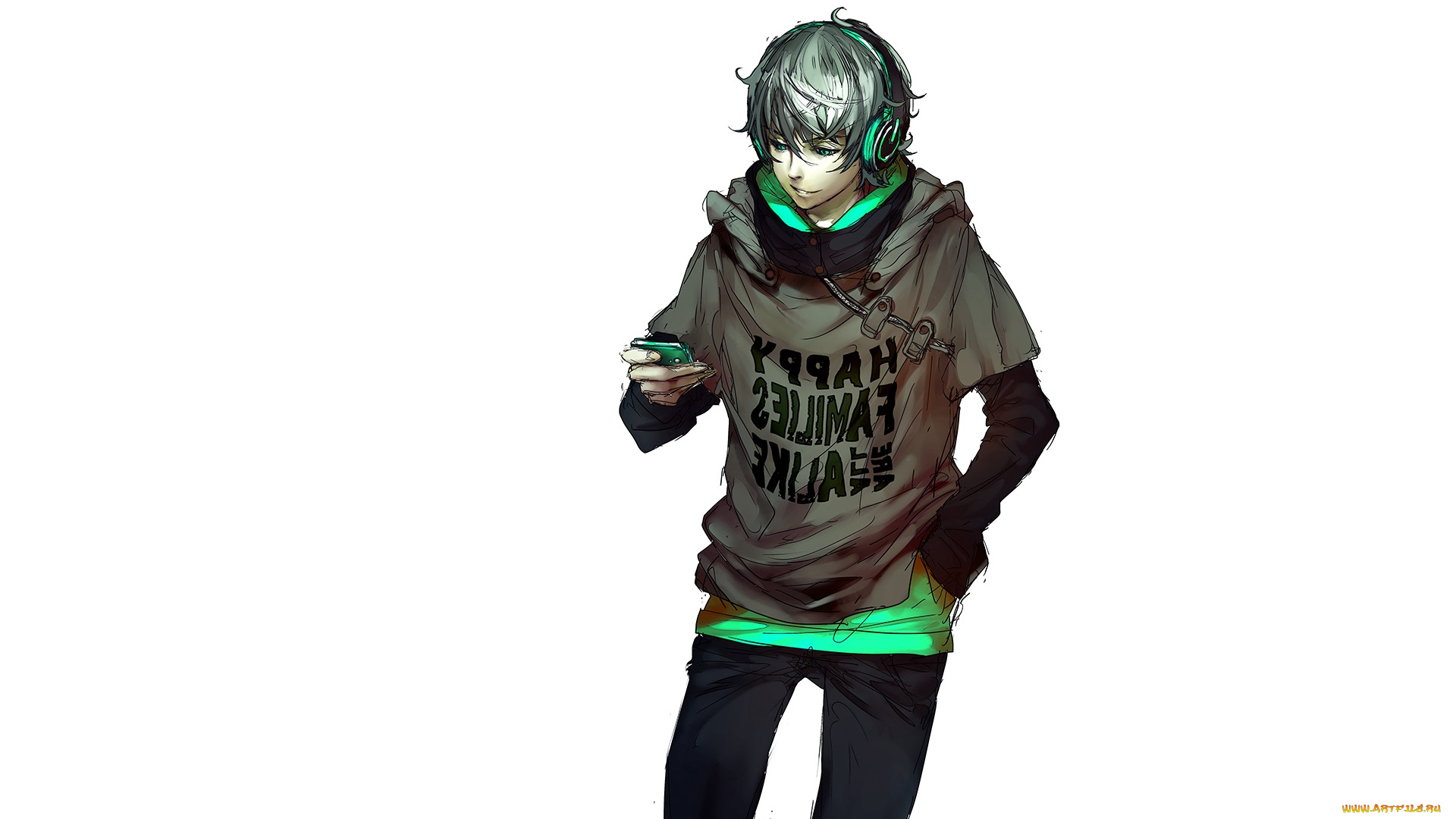 аниме, -headphones, &, instrumental, парень, арт, телефон, наушники, fisheye, placebo