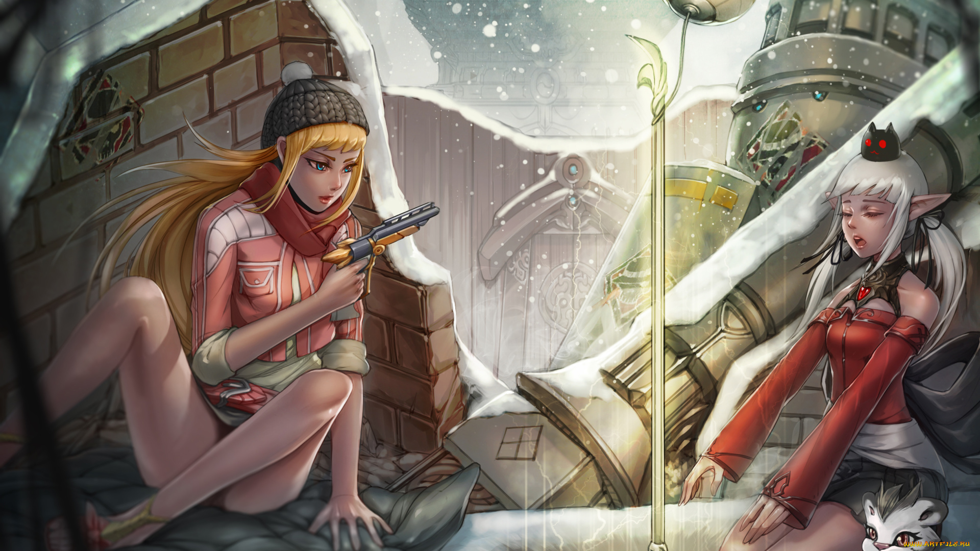 аниме, -weapon, , blood, &, technology, заклинание, магия, эльф, пистолет, животное, кот, руины, стена, развалины, зима, снег, девушки