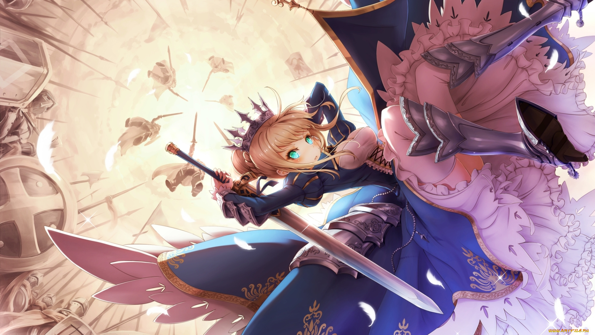 аниме, fate, stay, night, девушка, блондинка, арт, меч, оружие