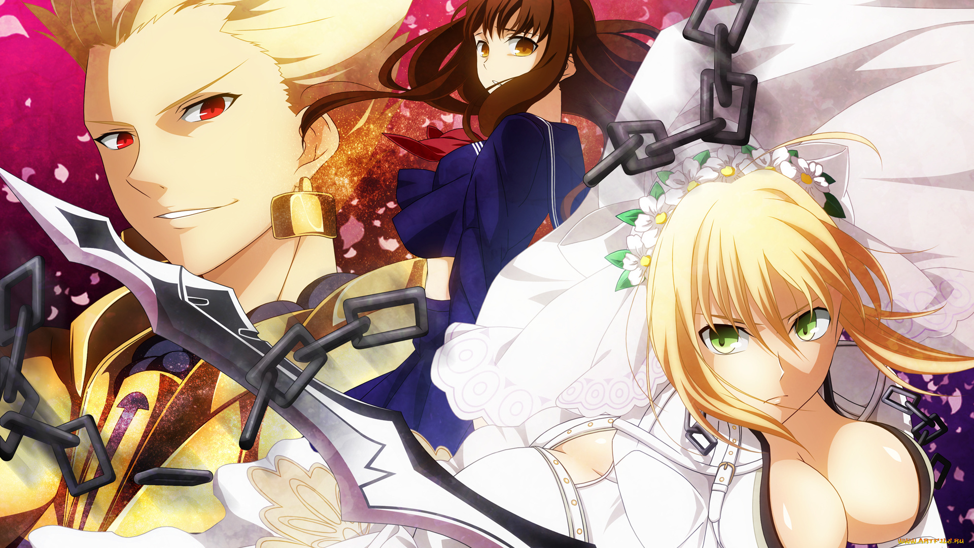 аниме, fate, zero, арт, меч, девушки, цепь, платье, мужчина, saber, gilgamesh
