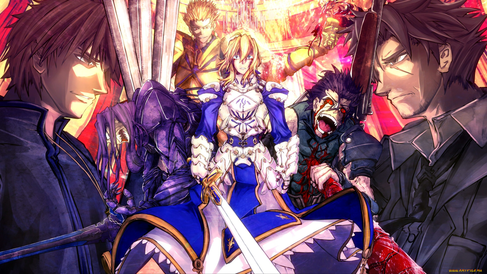 аниме, fate, zero, персонажи, девушка, парни, кровь, оружие, emiya, kiritsugu, saber, lancer, gilgamesh, kotomine, kirei