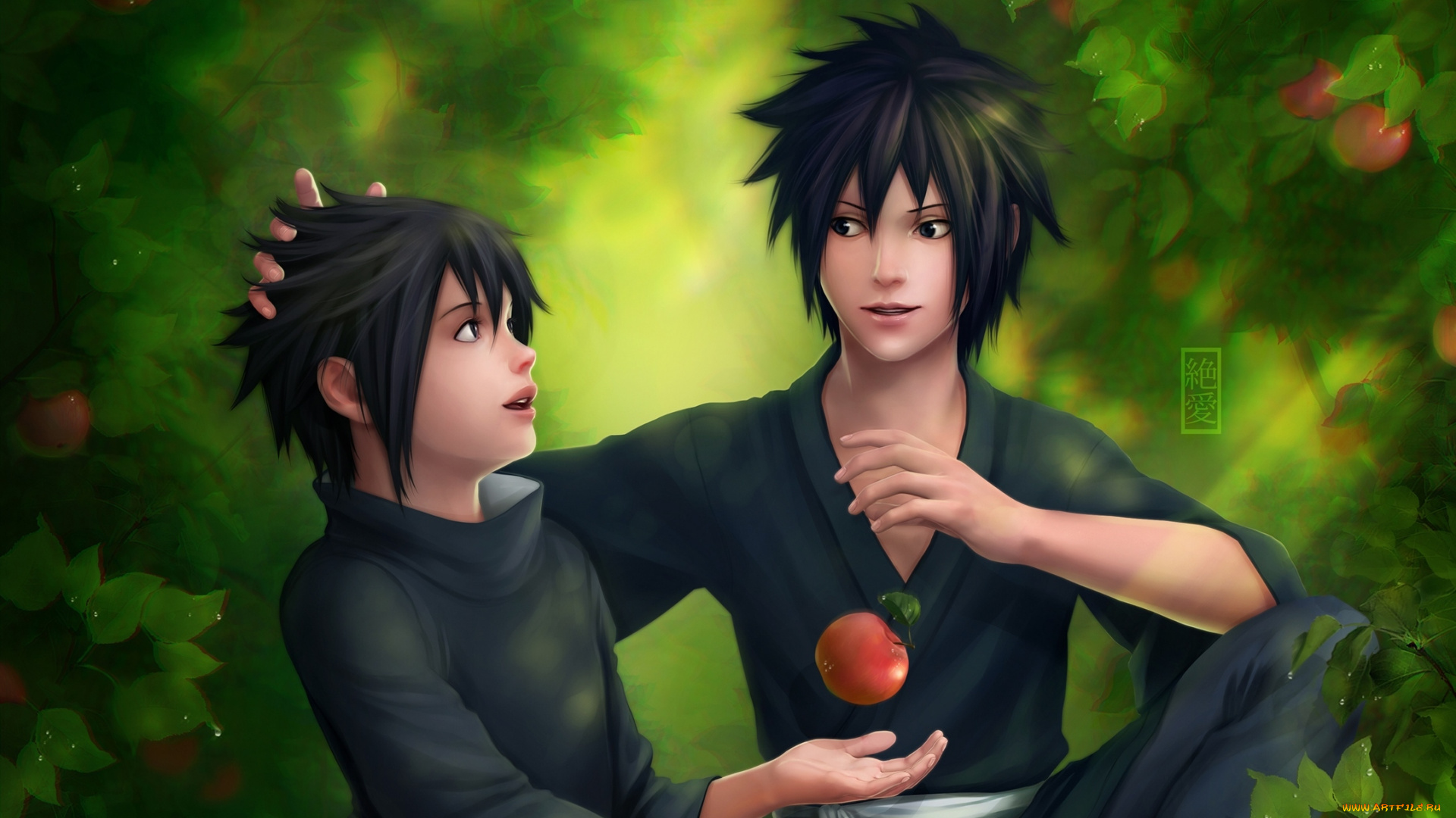 аниме, naruto, листья, зелень, яблоки, парни, izuna, мадара, учиха, madara, капли, роса, братья, утро, zetsuai89