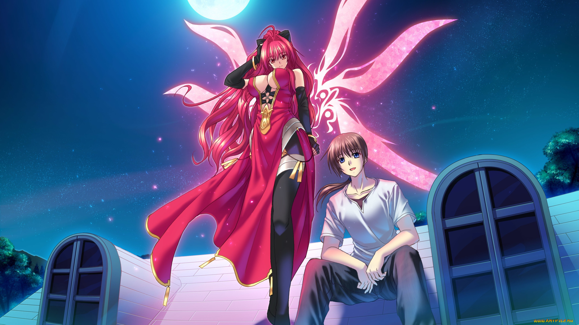 аниме, polyphonica, луна, ночь, девушка, деревья, парень, звезды, tatara, phoron, corticarte, apa, lagranges, арт, небо, крылья, полифоника, дом, окно, kannatsuki, noboru