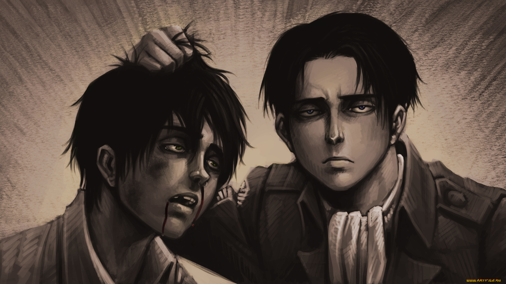 аниме, shingeki, no, kyojin, джагер, арт, атака, титанов, эрен, леви, капрал, парни, взгляд, кровь, ривалле