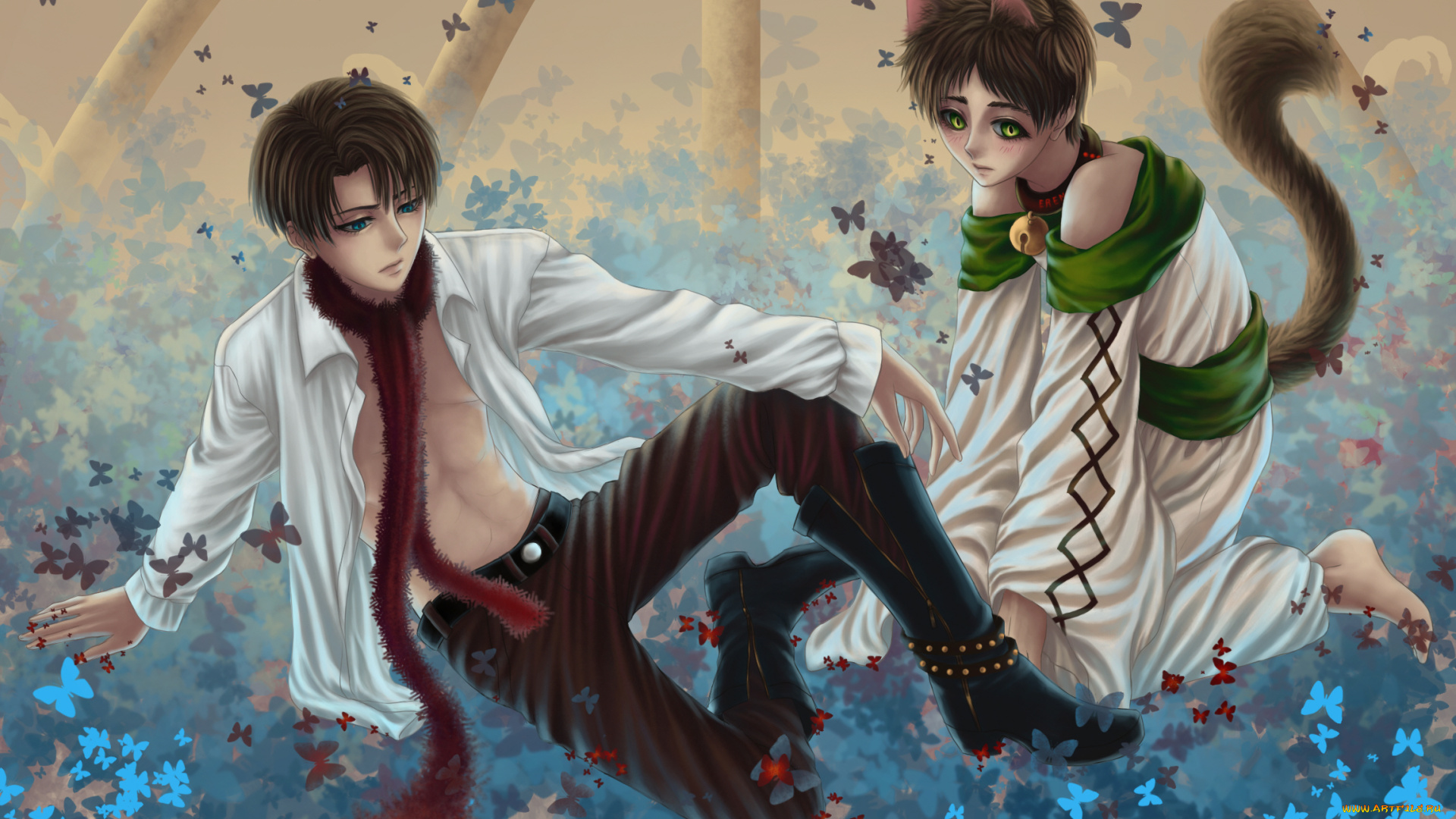 аниме, shingeki, no, kyojin, эрен, леви, атака, титанов, арт