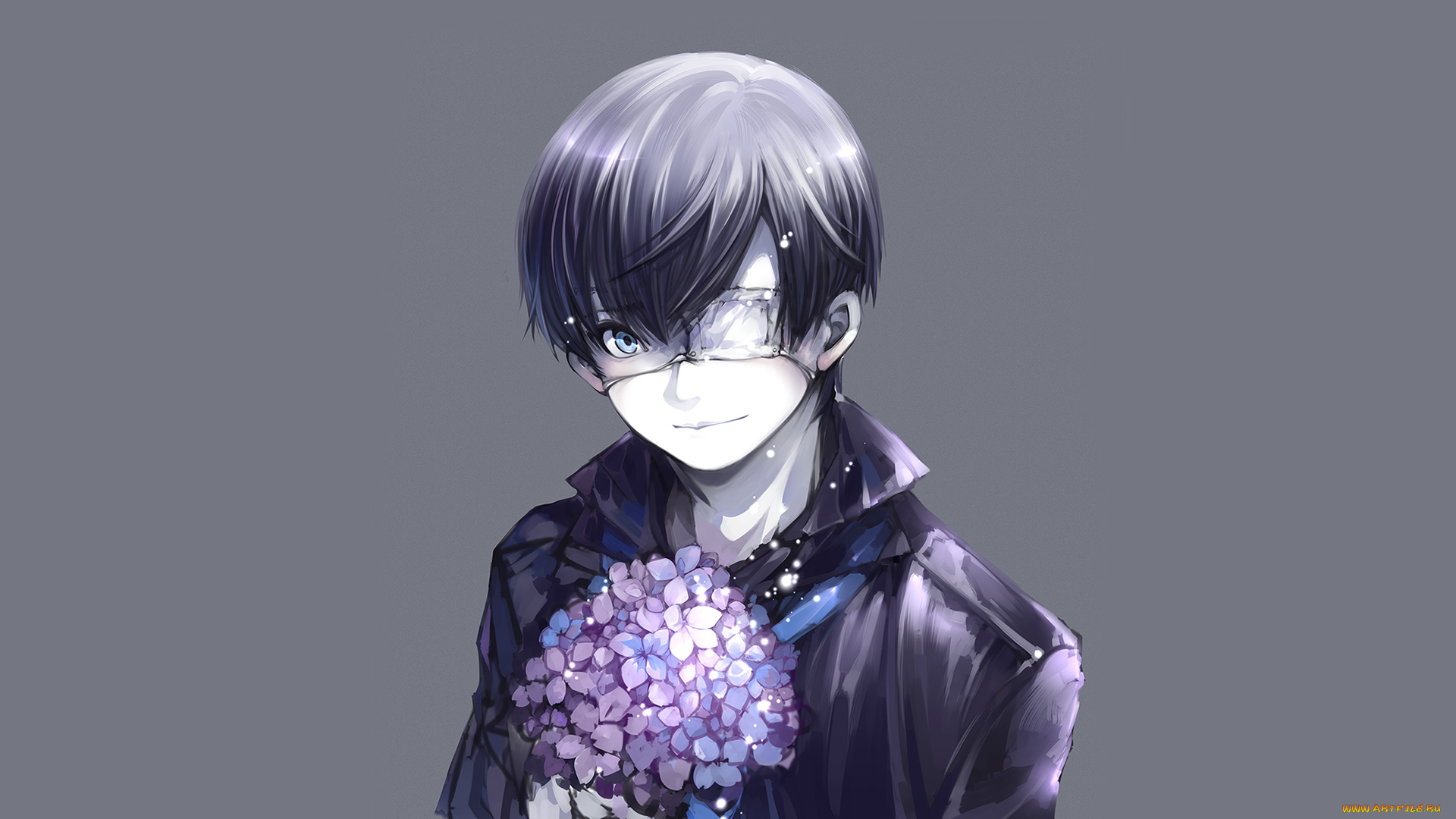 аниме, tokyo, ghoul, улыбка, повязка, букет, серый, фон, парень, kaneki, ken