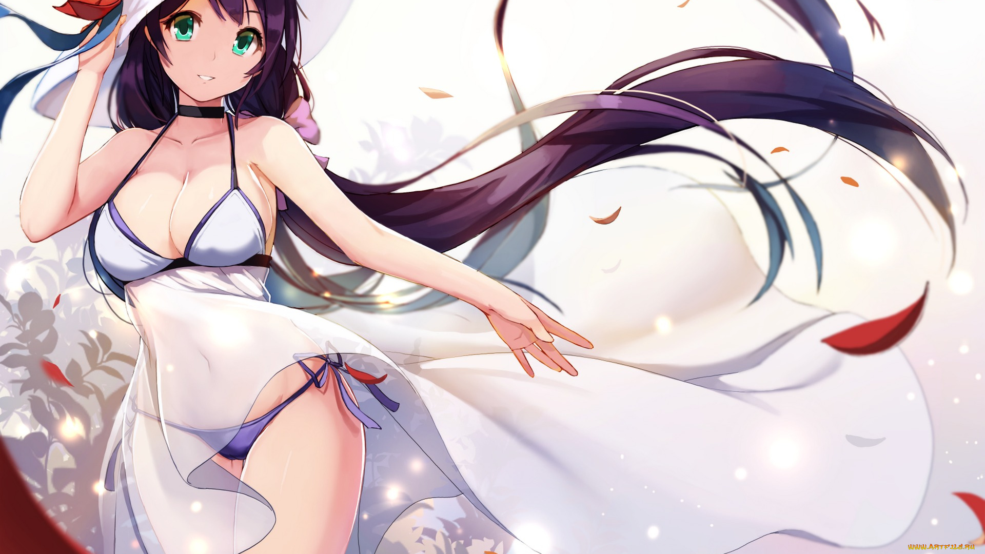 аниме, *unknown, , другое, art, nuclear, warhead, девушка, toujou, nozomi, взгляд, улыбка, грудь, бикини, шляпка, лепестки, love, live, school, idol, project