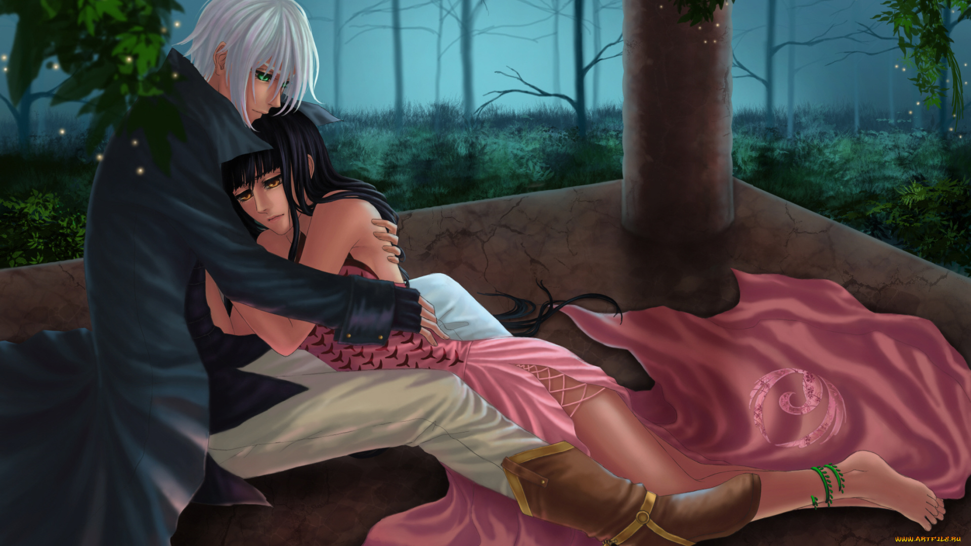 аниме, *unknown, , другое, ночь, мужчина, девушка, деревья, объятия, лес