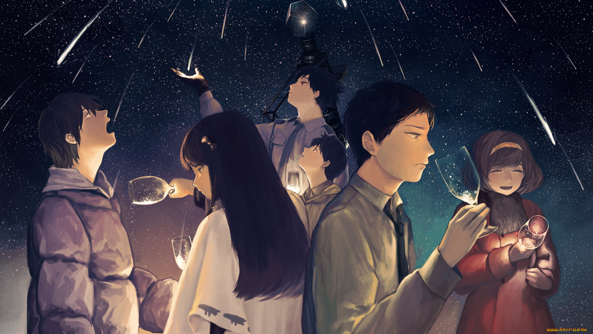 аниме, *unknown, , другое, звезды, ночь, бокалы, люди, звездопад