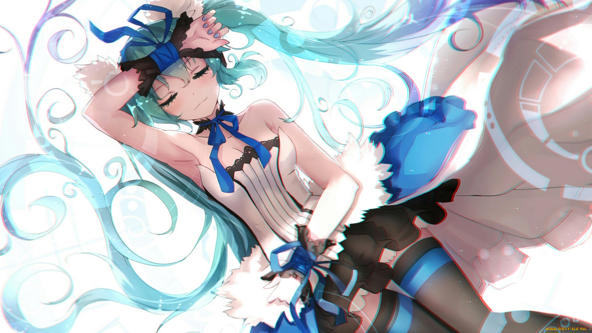 аниме, vocaloid, art, sen, ya, девушка, hatsune, miku, улыбка, лежит, ленточки, вокалоид