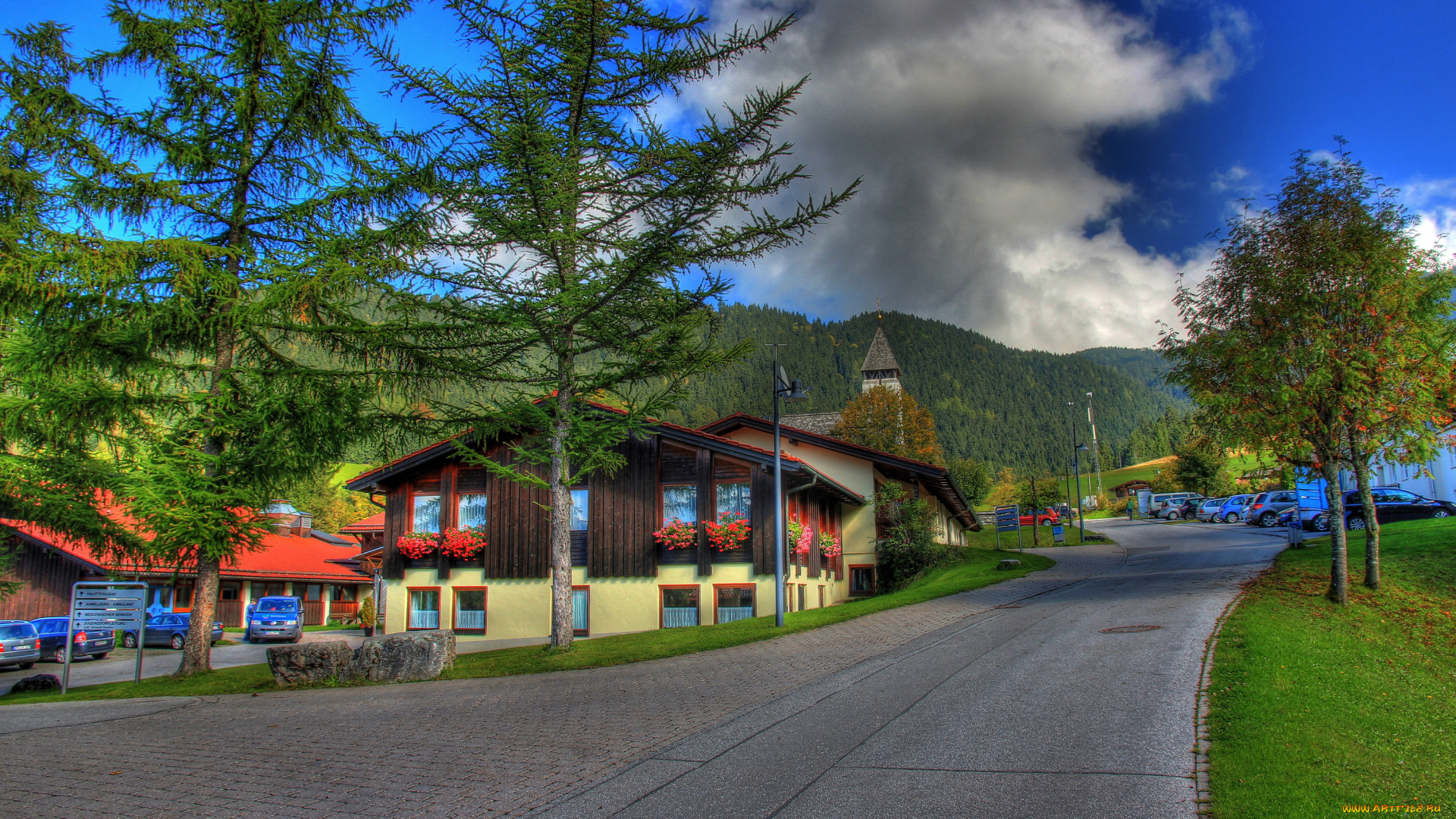берхтесгаден, германия, города, -, улицы, , площади, , набережные, ели, деревья, улица, дома, германия, берхтесгаден