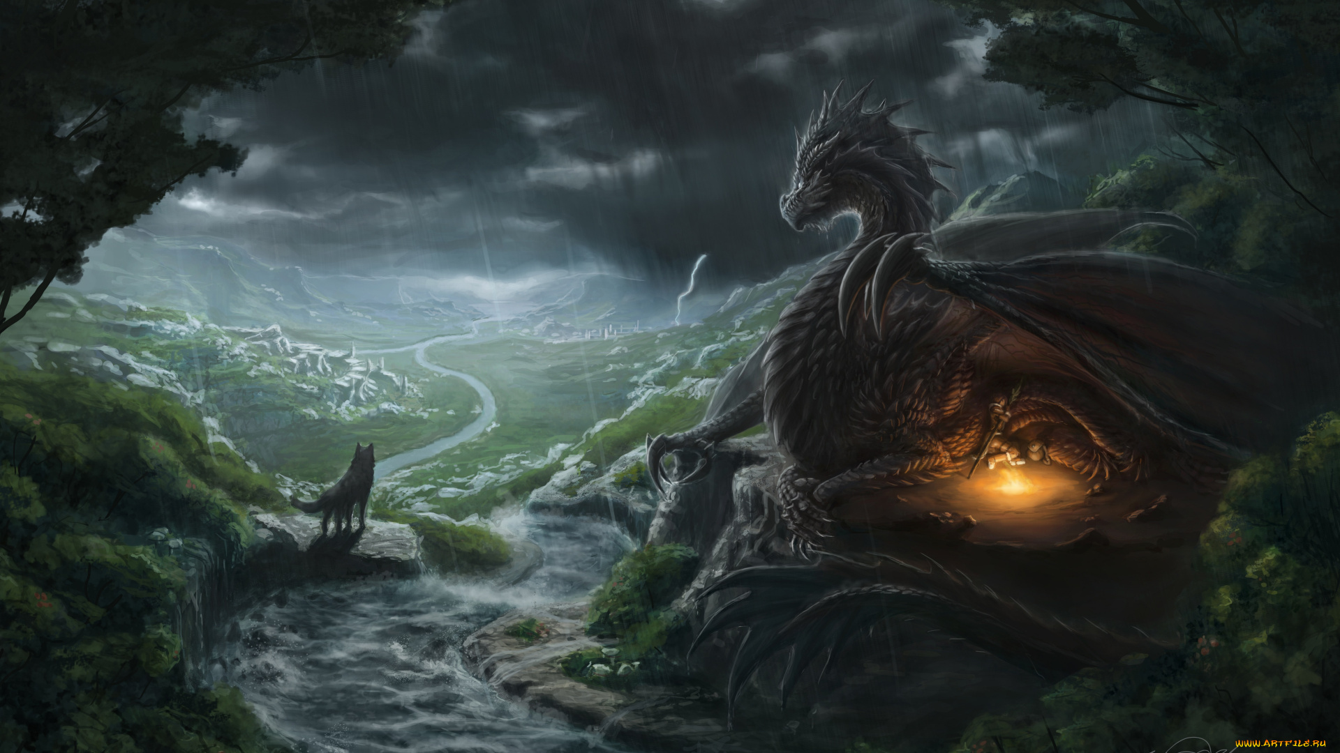 фэнтези, драконы, фантастика, арт, дракон, крылья, взгляд, ночь, дождь, человек, костер