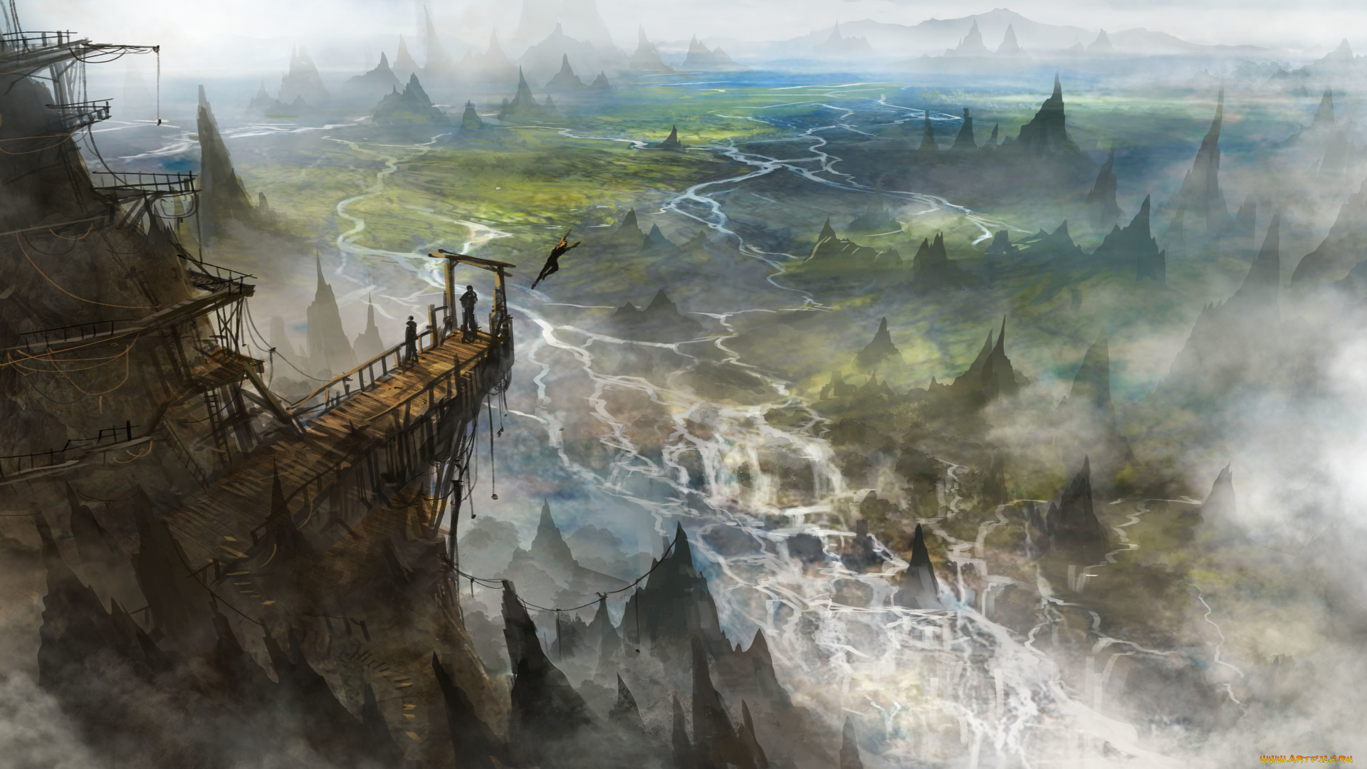 фэнтези, иные, миры, , иные, времена, арт, пейзаж, вид, мост, люди, скала, деревья