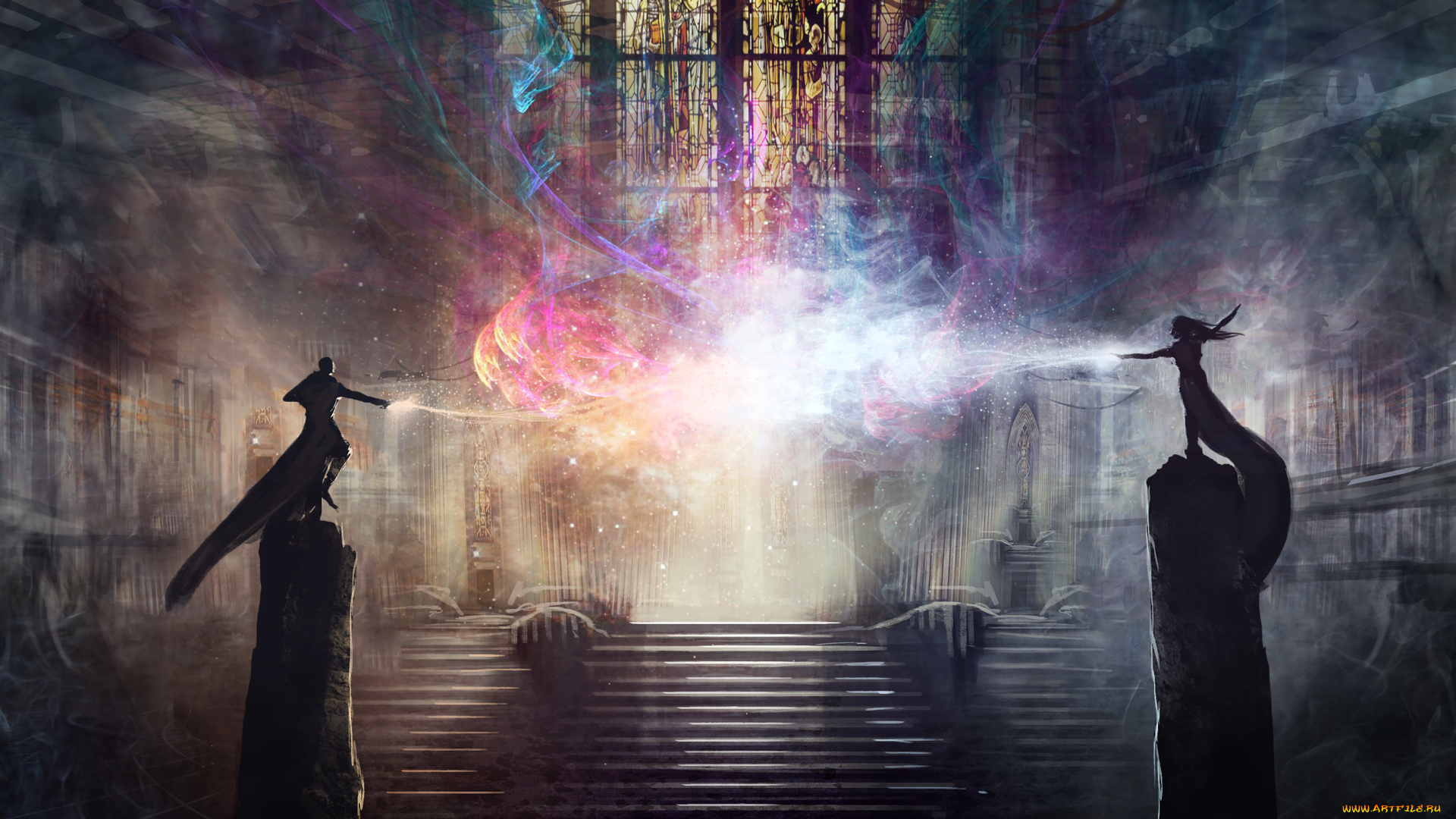 фэнтези, магия, арт, помещение, витражи, лестница, маги, мужчина, женщина