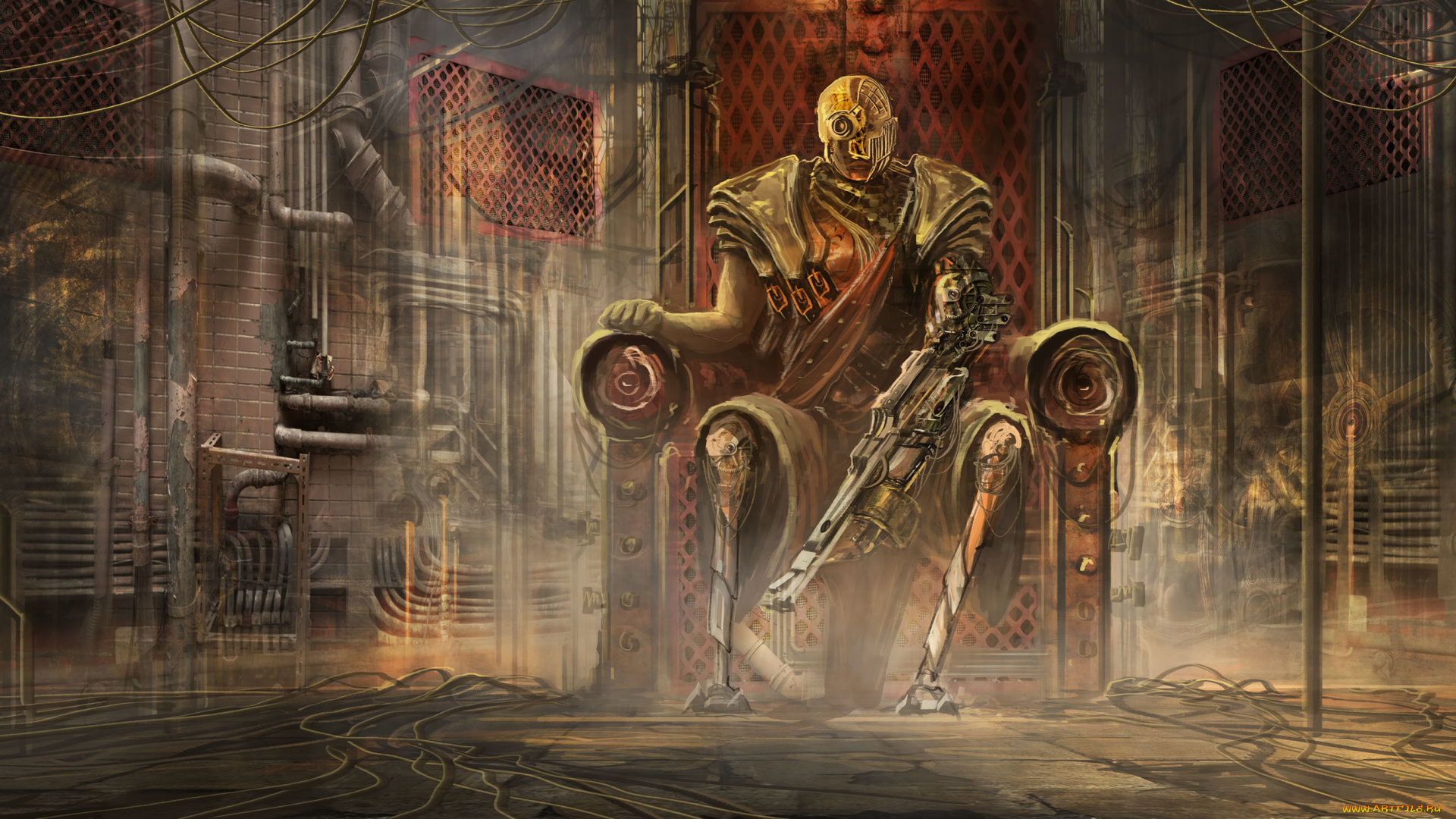 фэнтези, роботы, , киборги, , механизмы, фантастика, арт, трон, помещение, трубы, механизм, оружие