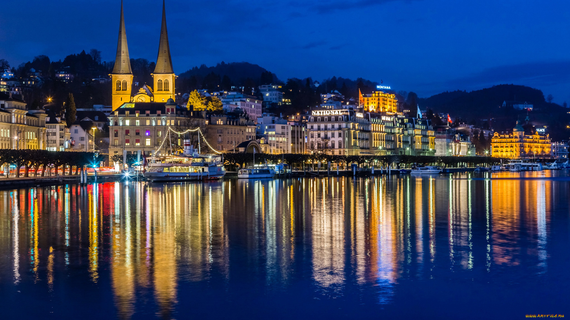 люцерн, швейцария, города, люцерн, , швейцария, набережная, огни, ночь, река, дома, люцерн