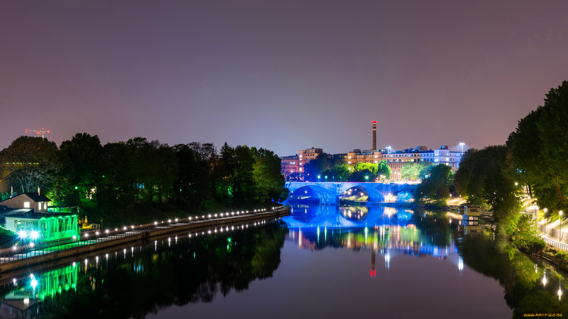 турин, италия, города, турин, , италия, турин, деревья, мост, огни, italy, turin, ночь, река, дома