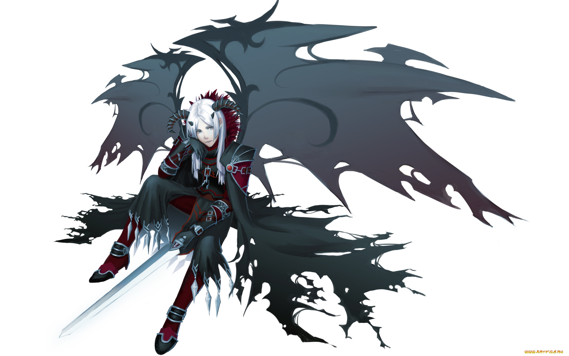 аниме, -angels, &, demons, цепи, меч, парень, рога, демон, крылья